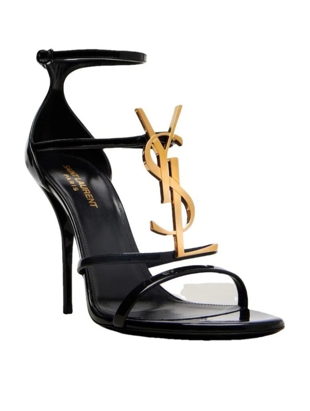 Saint Laurent Cassandra 100 Black Patent Leather Stiletto Sandal with Gold YSL